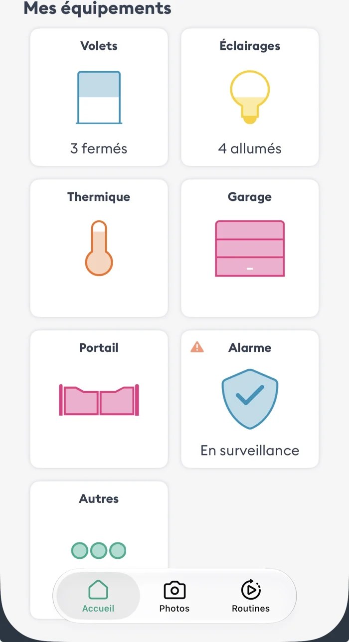 Exemple d’application de maison connectée regroupant volets, éclairages, garage et portail