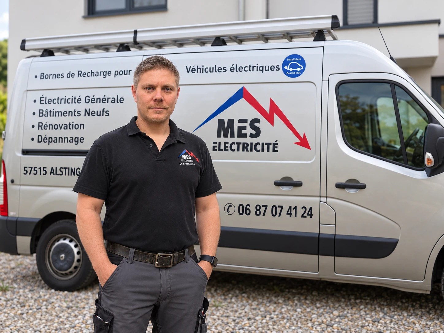 Sébastien Meyer devant la camionnette MES Électricité